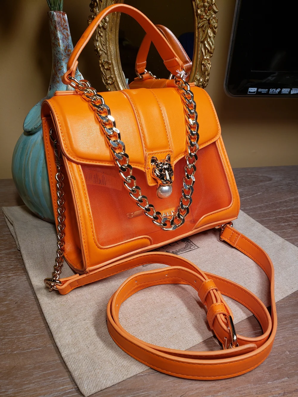 Aldo Orange Mesh Stadium Satchel / Crossbody Bag w/ Tiger & Chain Detail